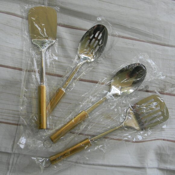 NEW BERGLANDER SILVER/GOLD 4 PC SERVING SPOON/SLOTTED/SPATULA SET - Picture 2 of 4